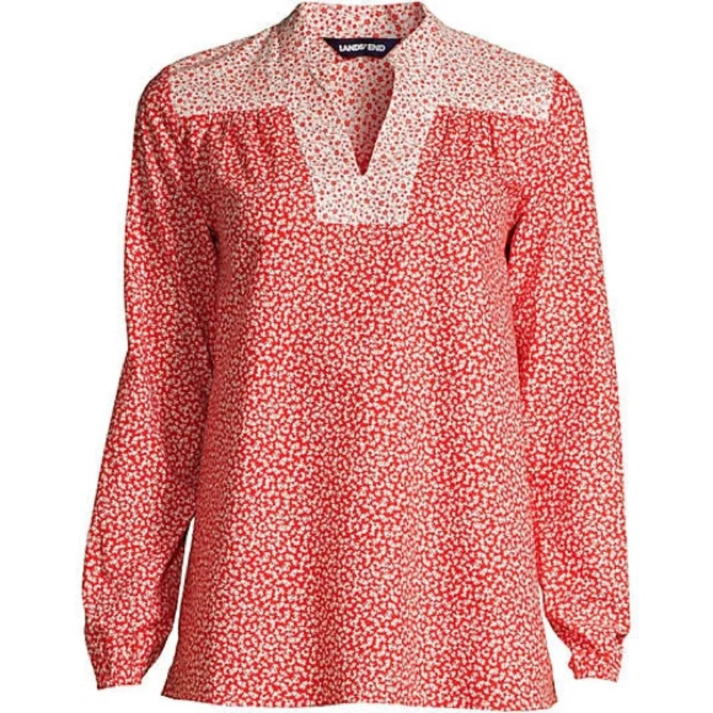Lands’ End Women's Cotton Poplin Peasant Shirt Crimson Orange Ditsy Leaf Size XL